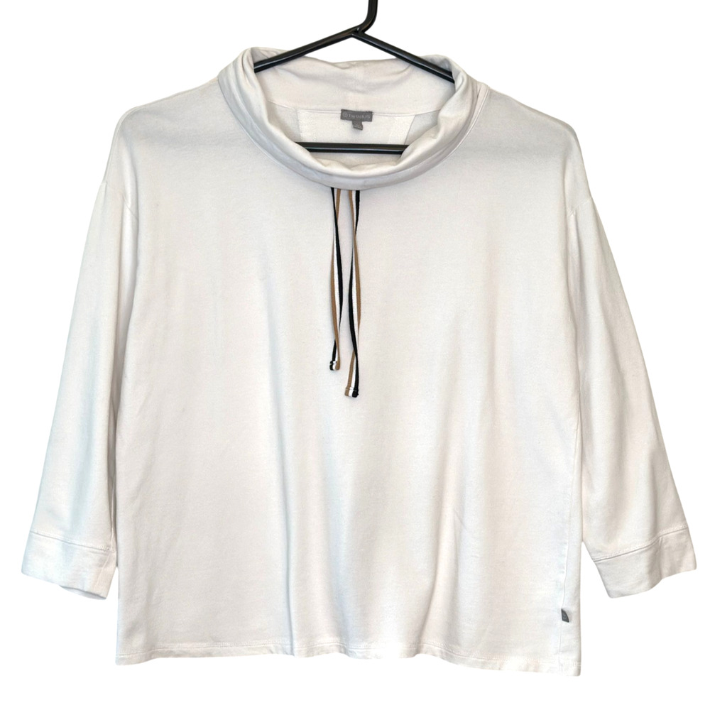 Talbots Top Womens 2X White Funnel Neck 3/4 Sleeve Back Slit Stripe Preppy Chic